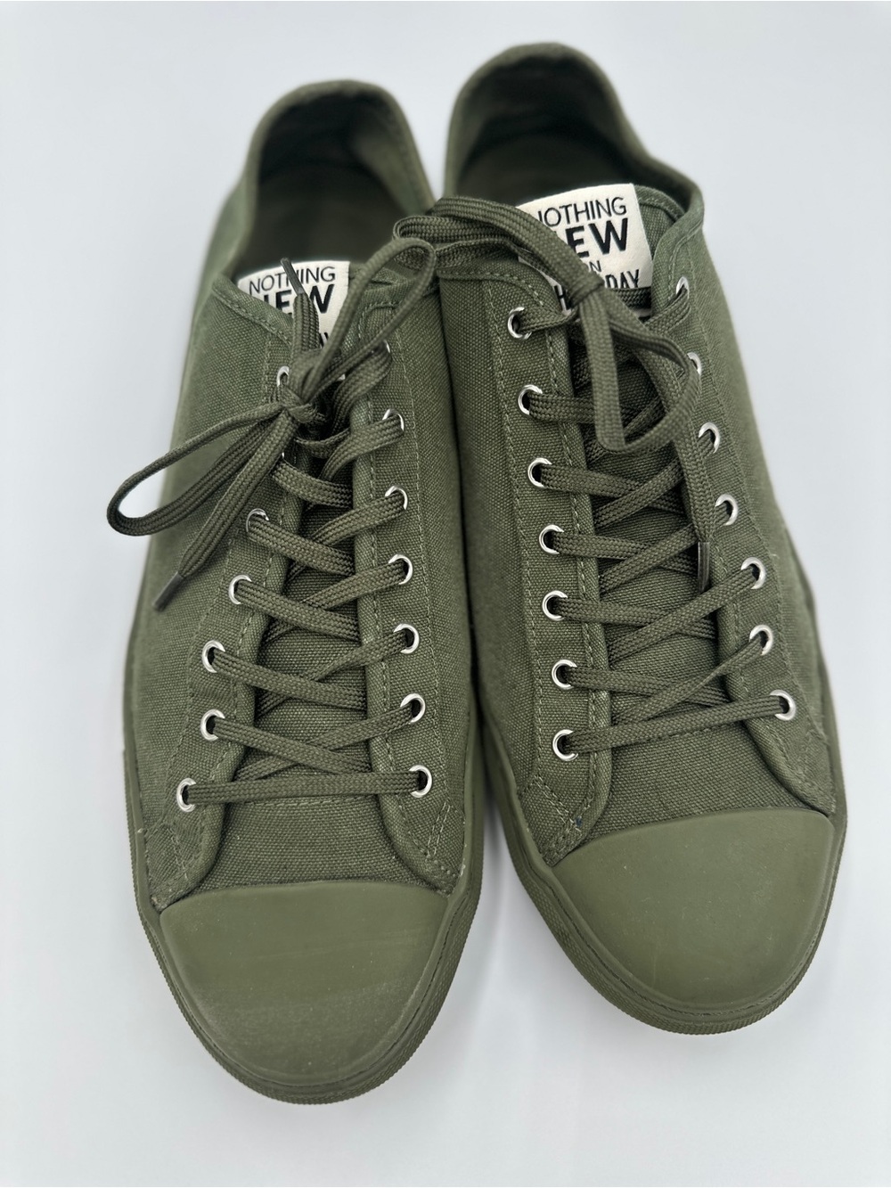 Nothing New Brand. Men's US 11/W US 12.5 Canvas Low-Top Sneakers in Army Green